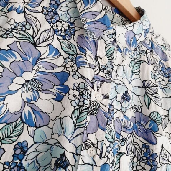 ANN TAYLOR 100% Cotton Floral Button Down Shirt Top Blue & White Sz M - Picture 6 of 13